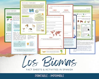 May include: Printable worksheets and activities in Spanish about different biomes. The worksheets feature colorful illustrations of animals and plants, as well as text about the characteristics of each biome. The title of the resource is "Los Biomas: Fact Sheets & Activities in Spanish".
