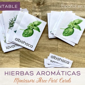Cartes d'herbes en trois parties en espagnol - Cartes Montessori - Tarjetas De 3 Partes - Hierbas aromáticas