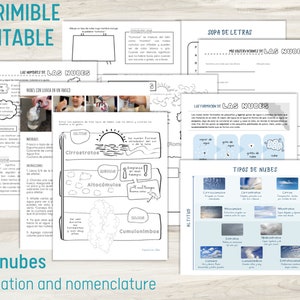 May include: Black and white printable worksheets for learning about clouds. The worksheets include a word search, a cloud formation diagram, and a chart of different cloud types. The title of the worksheets is "Las nubes: Formation and nomenclature".