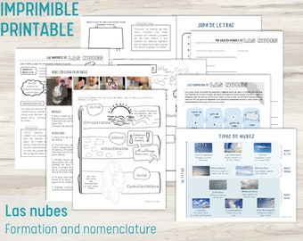 May include: Black and white printable worksheets for learning about clouds. The worksheets include a word search, a cloud formation diagram, and a chart of different cloud types. The title of the worksheets is "Las nubes: Formation and nomenclature".