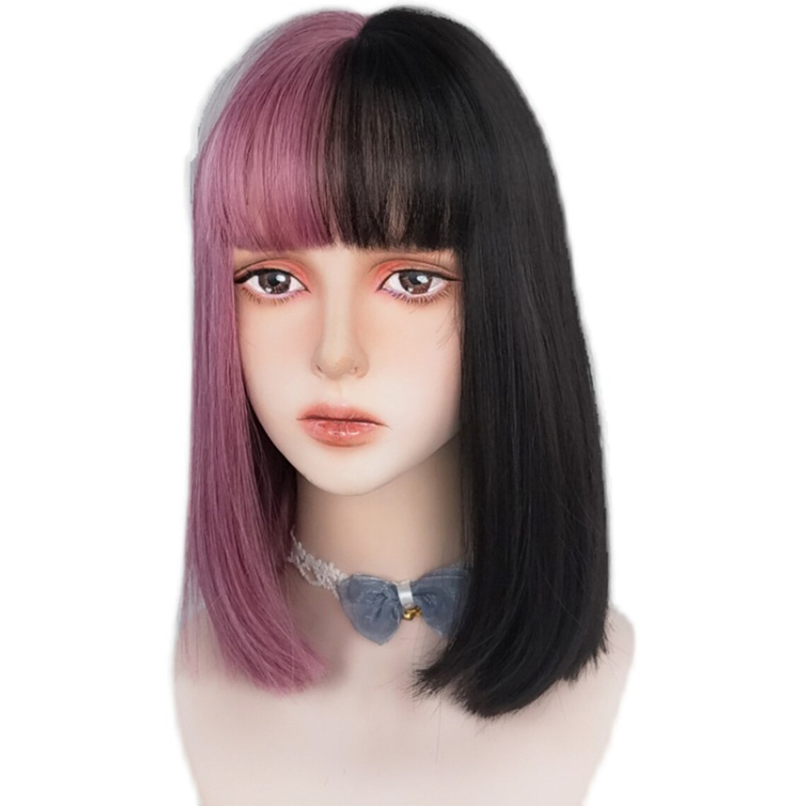 Black Pink Twocolor Wig Sweet and Cute Wig Mediumlength Etsy