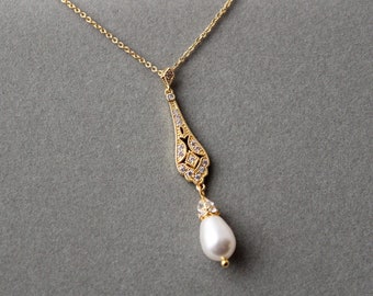 Gold Art deco Necklace Pearl Drop Bridal Necklace Vintage Style Wedding jewellery  1920s jewellery Prom Necklace Gift
