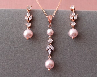 Delicate Rose Gold and Pink Bridal Jewellery set, Wedding Necklace and earrings bracelet  Pearl drop jewelry Wedding jewelry set