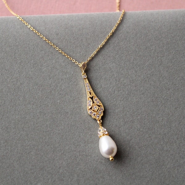 Gold Art deco Necklace Pearl Drop Necklace Vintage Style Wedding jewellery  Gift for her  1920s jewellery Prom Necklace Gift for her