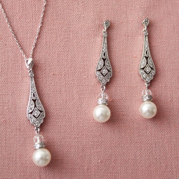 Art deco jewelry set Bridal earrings Pearl Drop necklace and earring set Wedding Earrings Wedding jewelry set Dangle  Jewelry  1920s jewelry