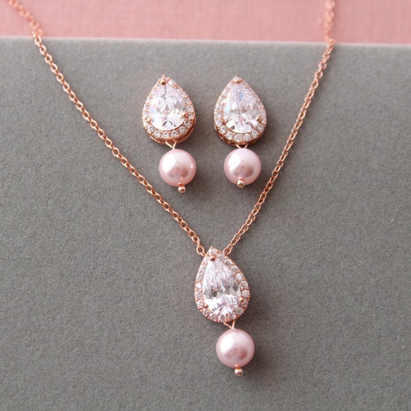Delicate Rose Gold and Pink Bridal Jewellery set, Wedding Necklace and earrings  Pearl drop jewelry Wedding jewelry set   Gift for bride