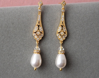 Gold Art Deco Earrings: Pearl Drop Bridal Earrings, Vintage Style Wedding jewellery, 1920s Bridal Jewellery, Wedding Earrings  Prom