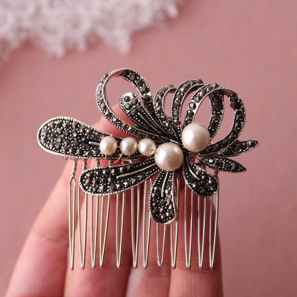 Black Bridal hair comb, Art deco hair comb, Rhinestone hair piece, Wedding hair comb, Pearl Bridal headpiece, 1920s Wedding hair accessories