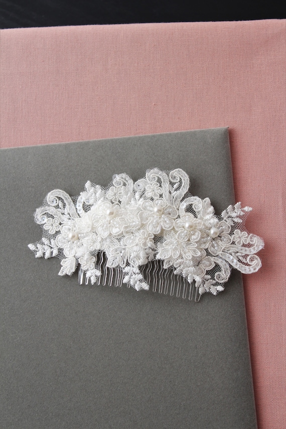 Elegant Pearl & Lace Floral Hair Comb - Ivory Ivory Pearl and Crystal Floral Wedding Hair Comb in Silver main image 2