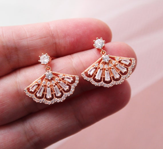 Rose gold Art deco earrings Crystal Fan Earrings Bridal earrings Wedding Earrings Vintage Style Wedding jewelry Bridesmaid earrings