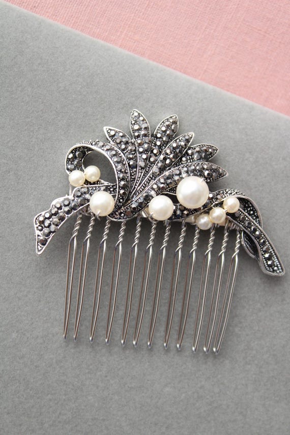 Black Bridal Hair Comb, Art Deco Hair Comb, Rhinestone Hair 