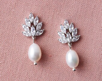Delicate Pearl Drop Earrings, Bridal Cz Leaf Wedding Jewelry Bridesmaid