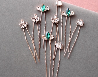 Rose gold emerald bridal hair pin set Wedding hair pins Bridal hair piece Green Crystal bridal headpiece Bridesmaid Wedding hair accessory