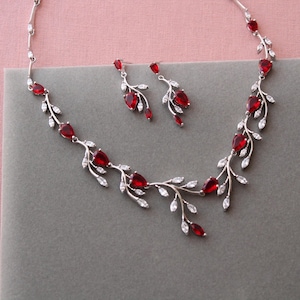 Silver Crystal Bridal Jewellery Set: Ruby Red Cz Leaf Necklace & Earrings Vine Wedding Studs
