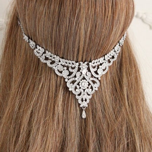 Silver Bridal hair chain, Art deco hair chain, Rhinestone hair piece, Wedding hair floater, Bridal headpiece, 1920s Wedding hair accessories