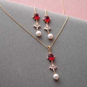Red Bridal Jewellery Set: Pearl Wedding Jewellery for Bride Gold Red Crystal Earrings  Regency