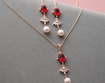 Red Bridal Jewellery Set: Pearl Wedding Jewellery for Bride Gold Red Crystal Earrings  Regency