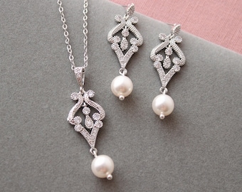 Art Deco Pearl Jewellery Set: Bridal Jewelry Set, Vintage Style Wedding Earrings Necklace, 1920s Wedding Jewellery