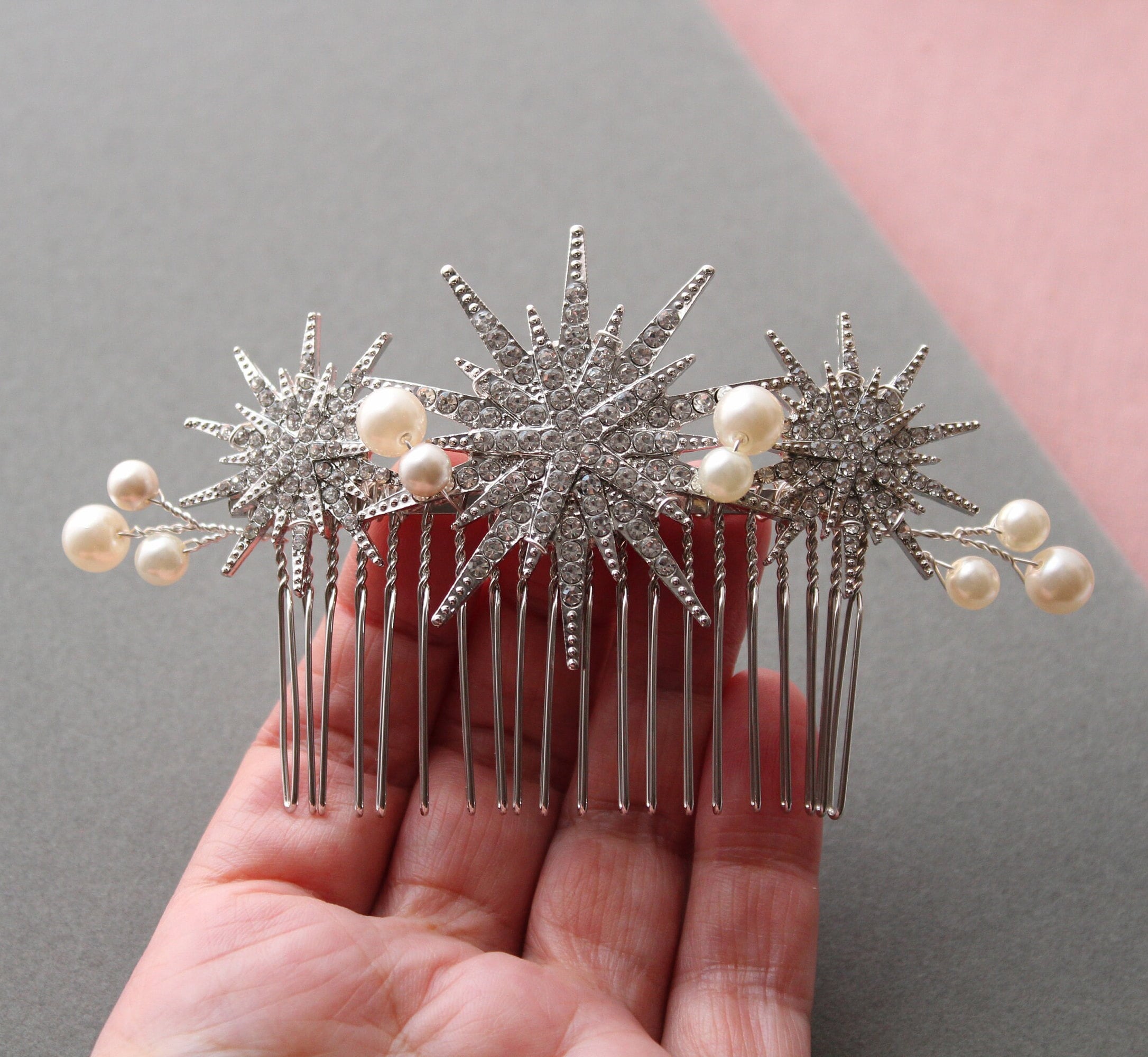 Silver Crystal Pearl Bridal Hair Comb Wedding Headpiece Starburst Rhinestone Silver Celestial Star Wedding Hair Comb: Starburst Pearl  main image 4
