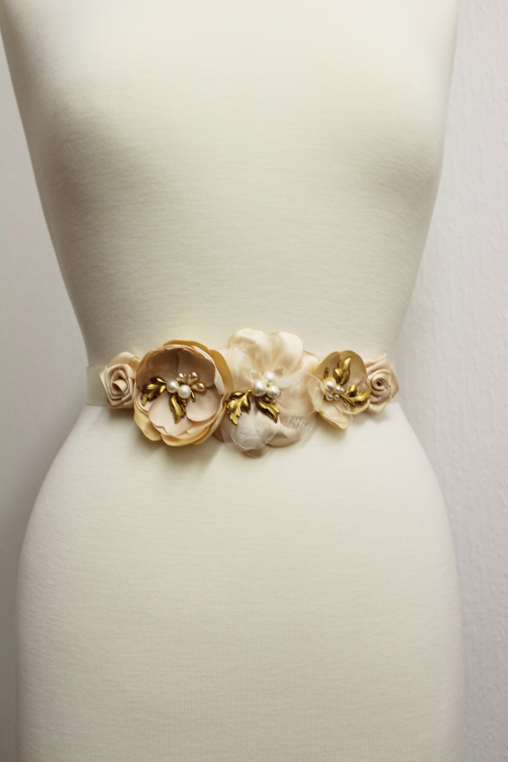 Champagne Bridal Belt Wedding Dress Sash With Flowers Navy - Etsy UK