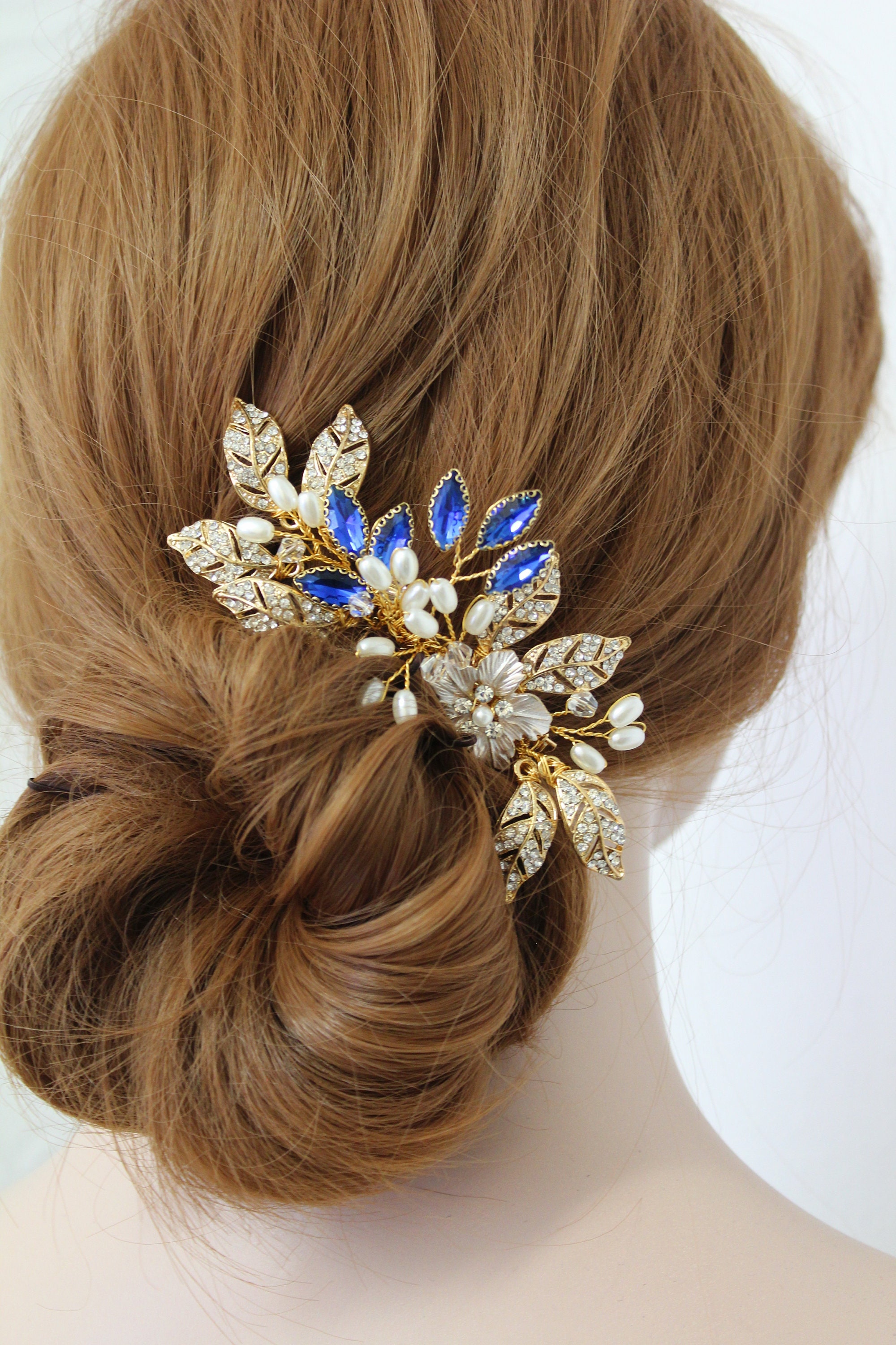 Gold Leaf Bridal Hair Comb: Pearl Wedding Hair Clip Pin  display picture 2