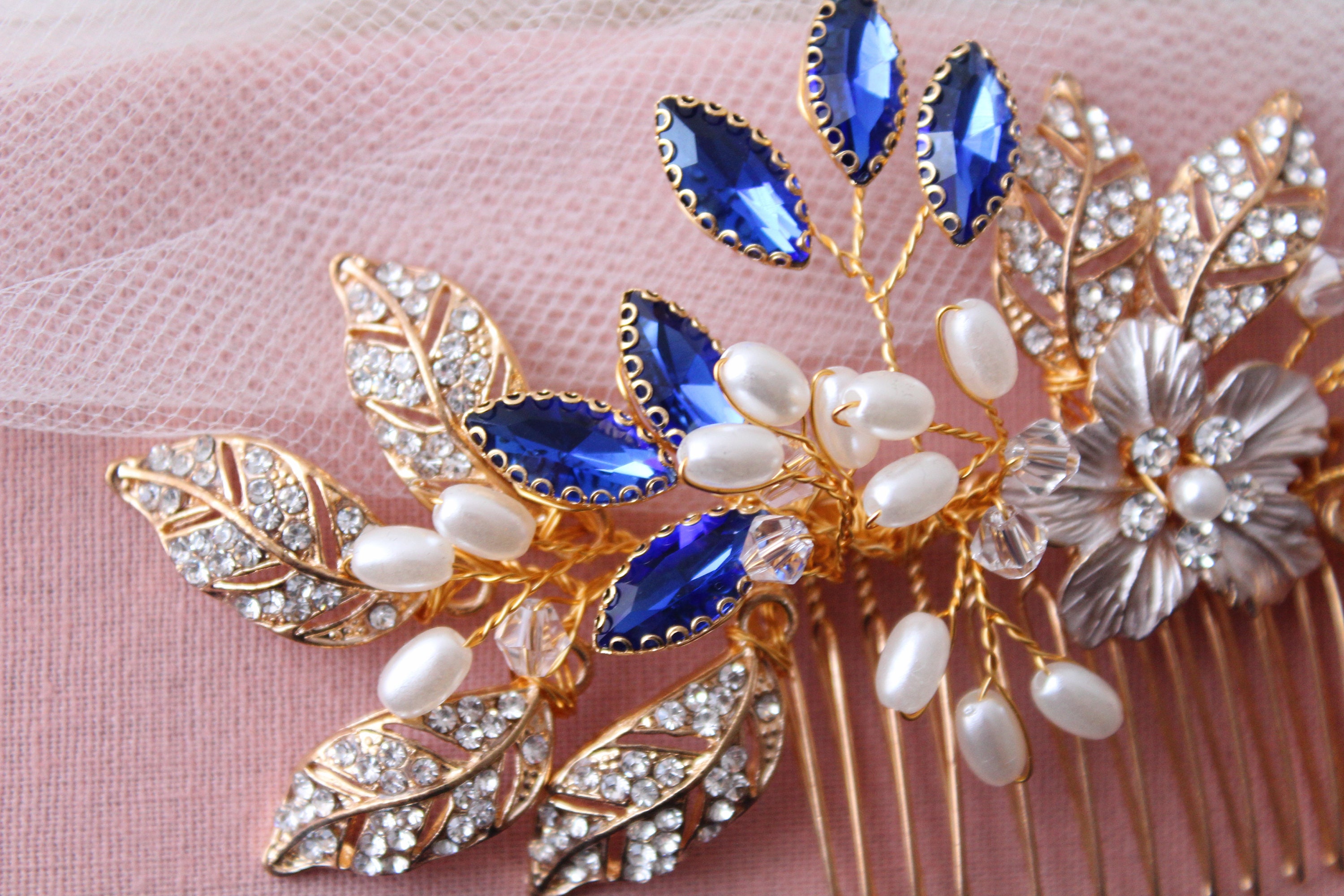12Pcs Golden Leaf Hair Comb Set Bridal Pearl Hairpins Blue Flower Wedding Hair Amazon.com : inSowni 12 Pack Wedding Prom Party Decorative  main image 3