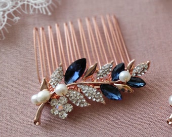 Dainty rose gold blue hair comb Blue Bridal hair comb Art deco hair comb Wedding hair comb Crystal Leaf Bridal headpiece  hair accessories