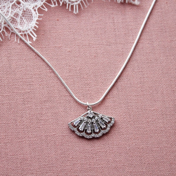 Art Deco Fan Necklace: Crystal Bridal Necklace, 1920s Style