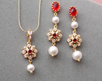 Red Crystal Pearl Wedding Jewelry Set: Gold Victorian Necklace Earrings Bridal Regency