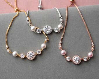 Pulsera de boda de perla y circonita: joyería para dama de honor en oro rosa, plata u oro.