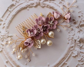 Peineta para dama de honor en rosa oscuro dorado, peineta para boda dorada, peineta floral, pieza para el cabello en forma de enredadera en color malva ruborizado, accesorio para el cabello de boda