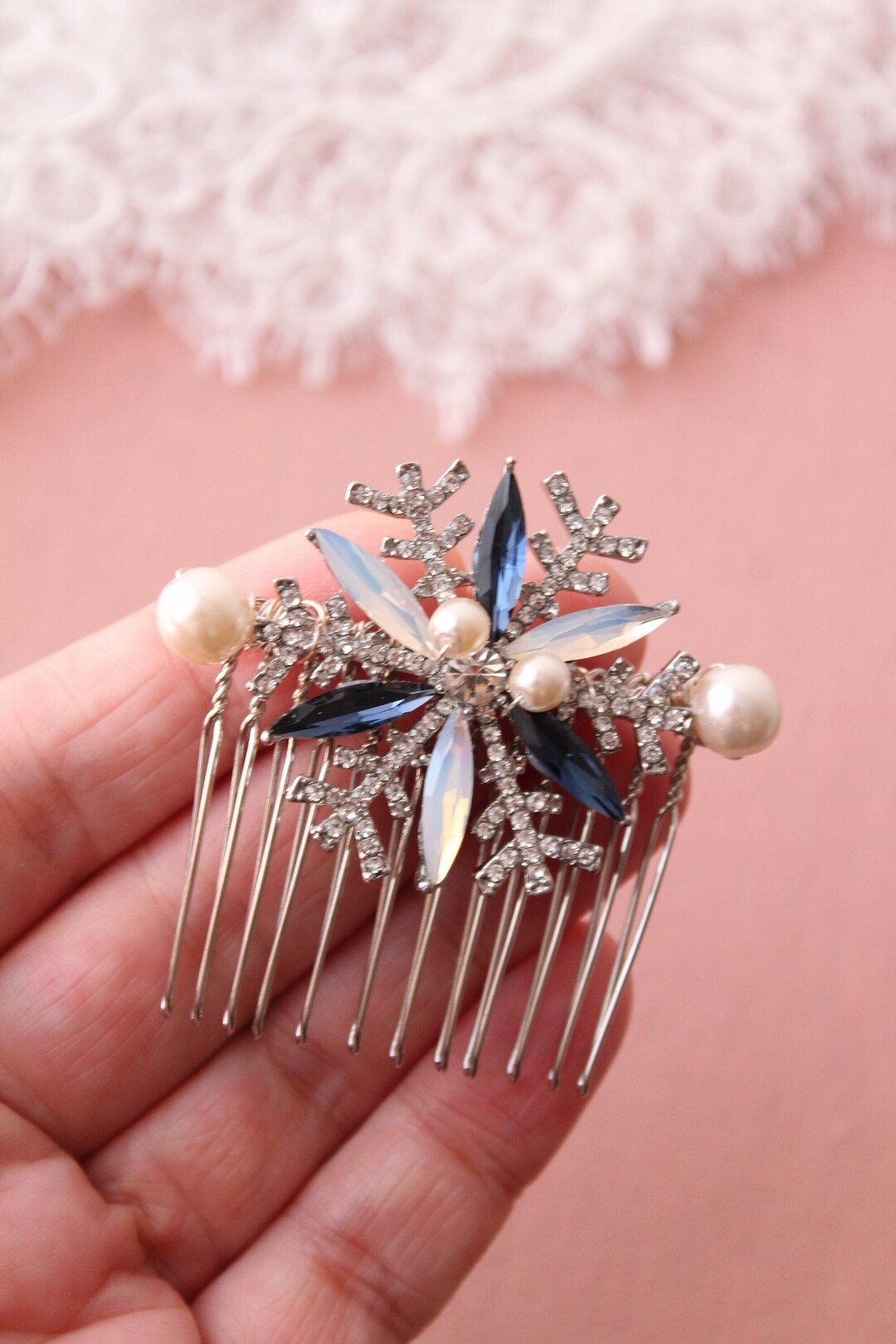 Dainty Blue Winter Bride Hair Comb, Snowflake Hair Comb, Bridal Hair