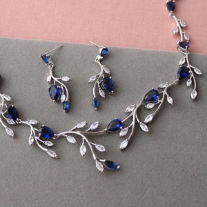 Silver Sapphire Blue  Bridal Necklace And Earrings, Crystal Leaf  Wedding jewelry set  Bridal Necklace set Jewelry for brides Prom jewelry