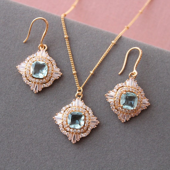 Gold Art Deco Jewelry Set: Bridal Light Blue Crystal Necklace & Dangle Earrings Wedding