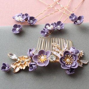 Purple Flower Bridal Hair Comb & Pins Set, Pearl Floral Accessories, Wedding Hair Piece