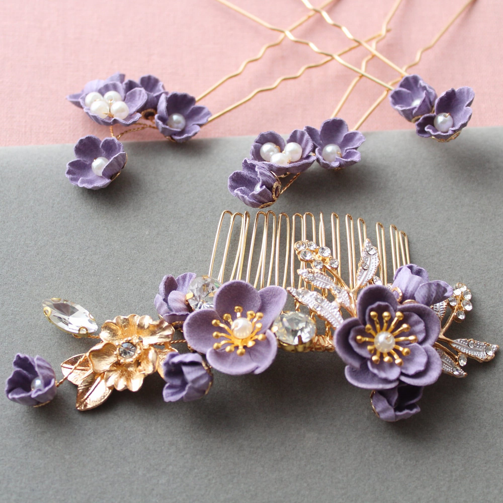 Purple and Gold Bridal Headpiece Jewelry Lavender Moon Floral Goddess Crown Bridal Headpiece Purple  main image 4