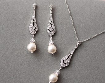 Art Deco Pearl Drop Jewellery Set: Bridal Jewelry Set ,Bridal Earrings, Necklace 1920s Wedding Jewellery For Bride