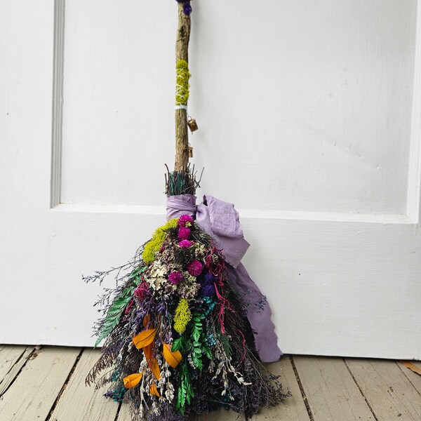 MYSTERY Moss and Dried Flower Witch Broom purple blue and green besom