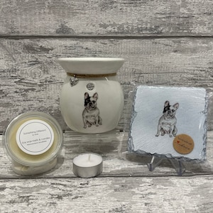 Frenchie, French bull   dog  wax burner, coaster, wax melt, candle set wax melts, oil burner, decouoage, gifts, wax melt gifts