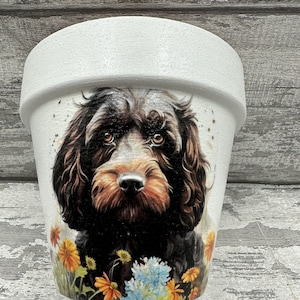 May include: White ceramic flower pot featuring an illustration of a brown and black dog. The dog is looking directly at the viewer with a serious expression. The pot is decorated with colourful flowers.