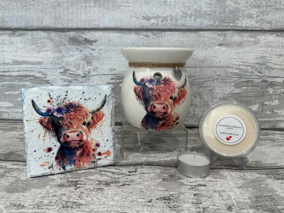 Highland Cow Wax Burner, Coaster, Wax Melt, Candle Set Wax Melts
