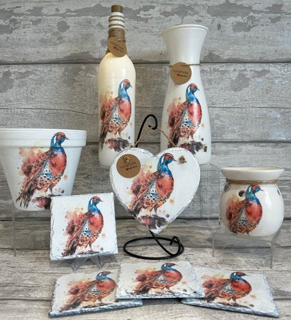 Pheasant gifts vase light up bottle, slate heart, plant pot, coasters, wax burner, soy wax melts, grouse, game shooting