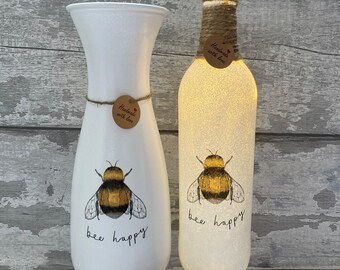 Bee Decoupage Leuchtflasche und passende Vase - Bumble nee - Geschenk zum Muttertag
