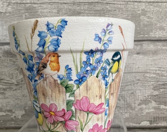 Robin plant pot  for inside or out decoupaged, robins, garden gifts