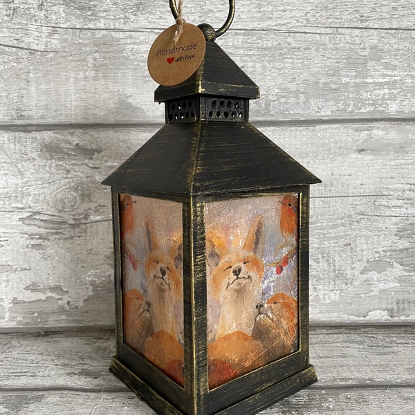 Fox lantern, LED lantern, decoupaged, Robins, fox  gifts