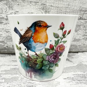 Robin plant pot  for inside or out decoupaged, robins, garden gifts