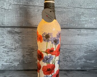 Poppy Leuchtflasche , LED, decouoage, Blumen Muttertag, handgemacht, Mohn Geschenk