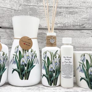 Schneeglöckchen Geschenke, Schneeglöckchen Vase, Schneeglöckchen Seifenspender, Schneeglöckchen Schilfspender, Schneeglöckchen Geschenke, Schneedekor