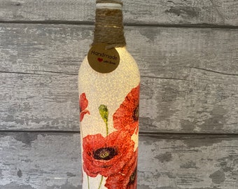 Poppy Leuchtflasche , LED, Decoupage, Blumen Muttertag, handgemacht