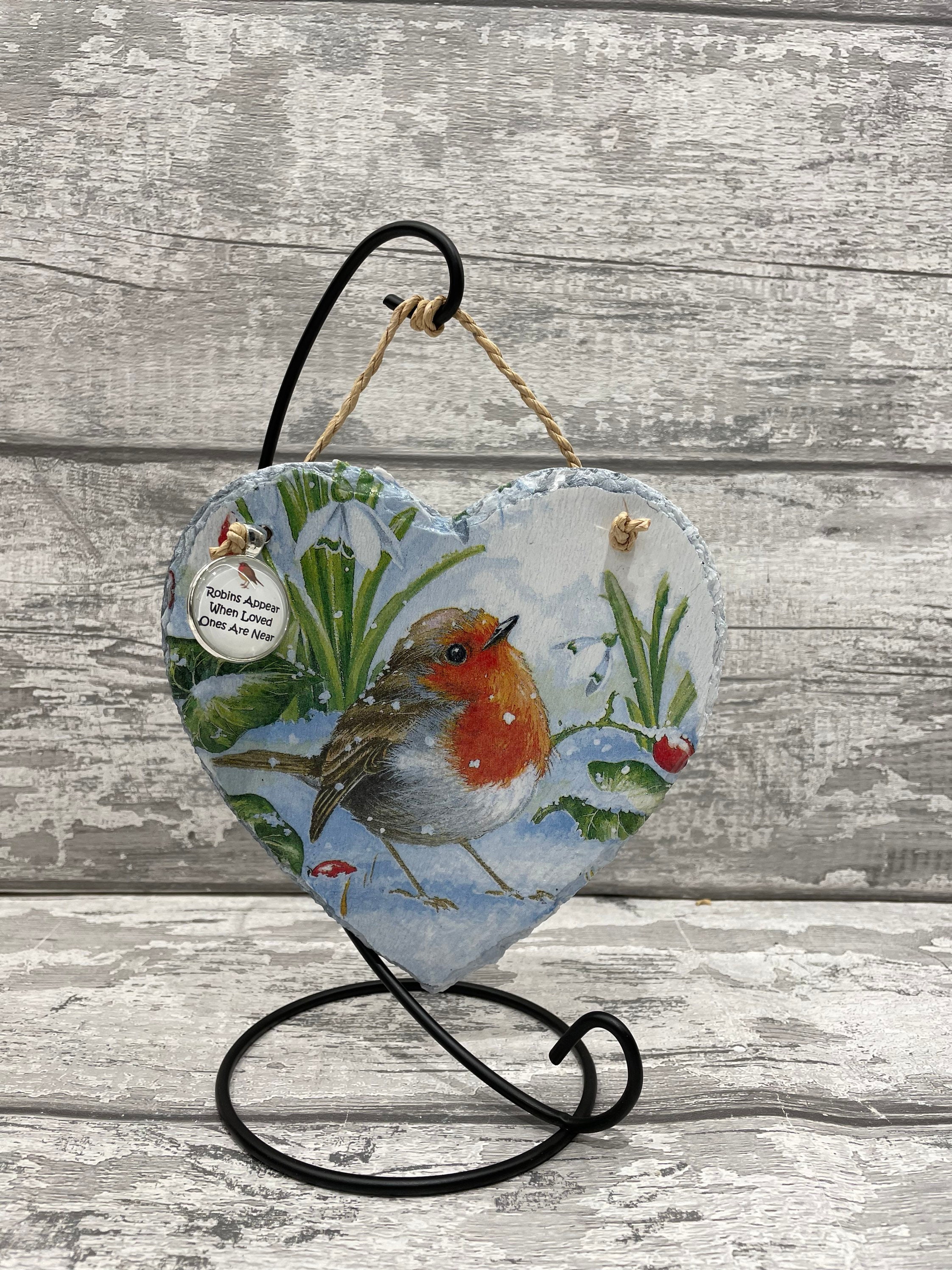 Robin Slate Robin Slate Heart With Display Stand , Robins Appear When Loved Ones ...